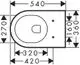 Weißes wandhängendes WC von Hansgrohe mit ovaler Form und spülrandloser Bauweise. Maße und Anschlussdetails sind in der technischen Zeichnung angegeben.